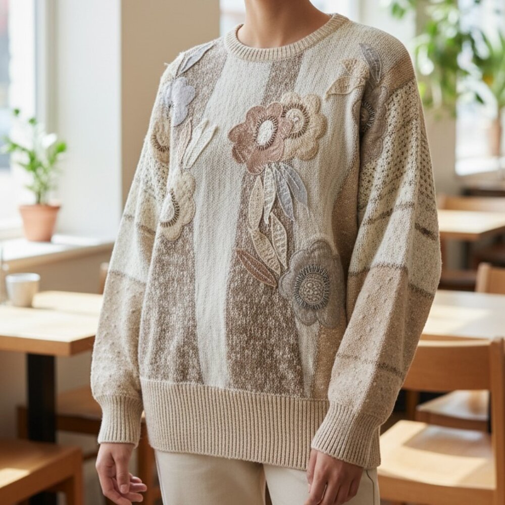 Vintage Mareia Kim Pristine Appliqué Knit Sweater Designing Women-Golden Girls